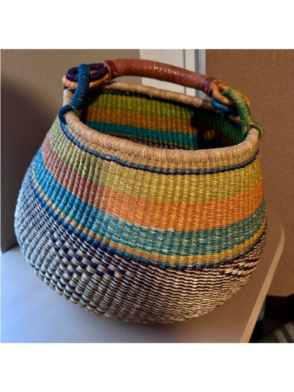 Colorful Woven Bolga Market Basket Leather Handle - Picture 9 of 10